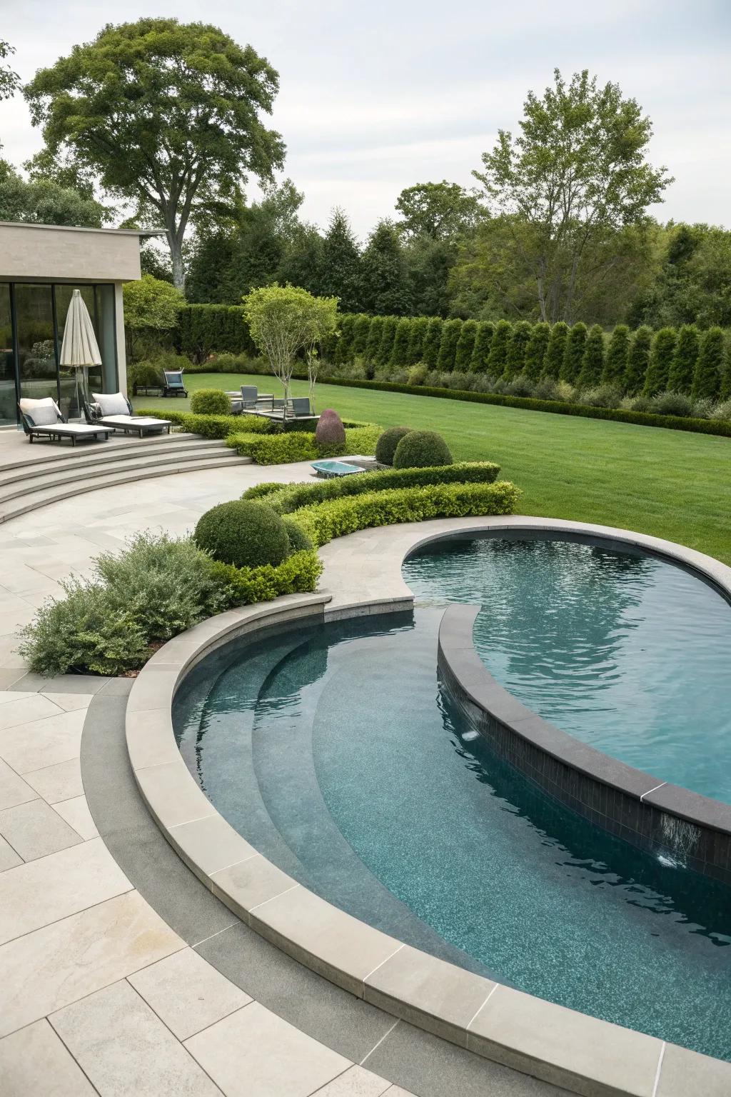 A creatively shaped pool with curves, adding a touch of artistry to the backyard.