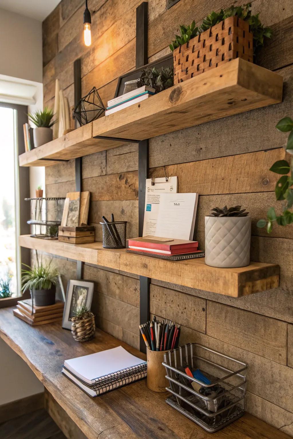 Reclaimed wood shelves offer a rustic charm and sustainability.