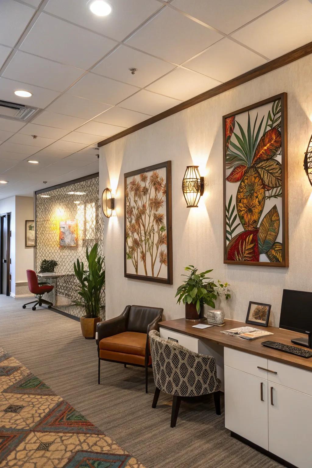 Artistic wall lights as statement pieces in the office.