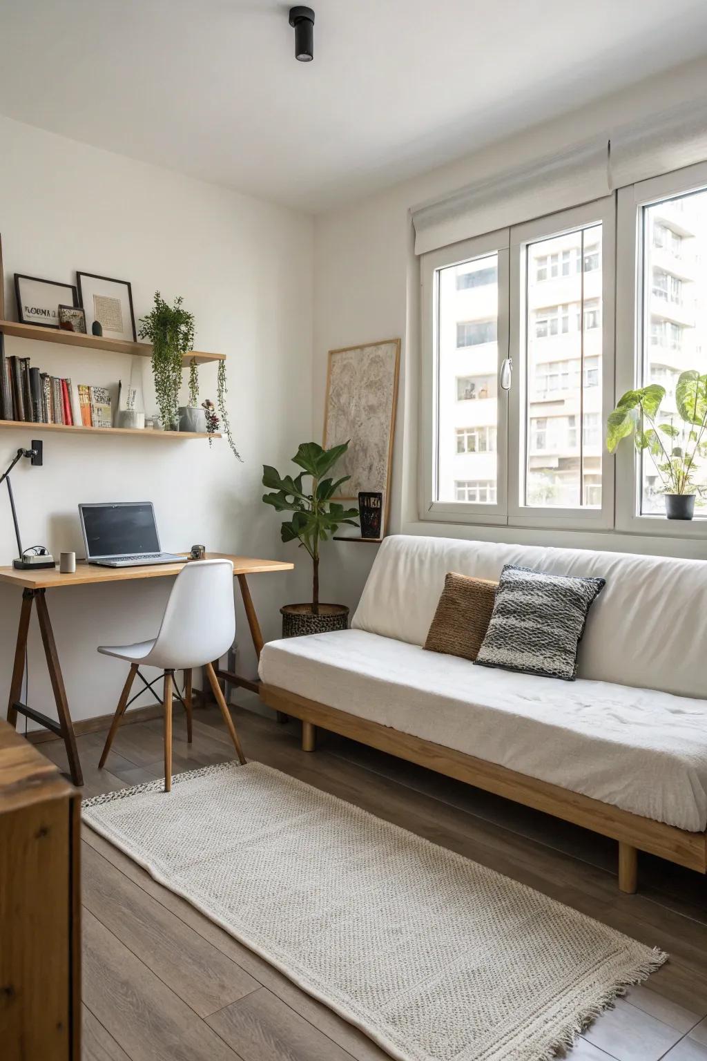 A minimalist home office with a streamlined sofa bed.