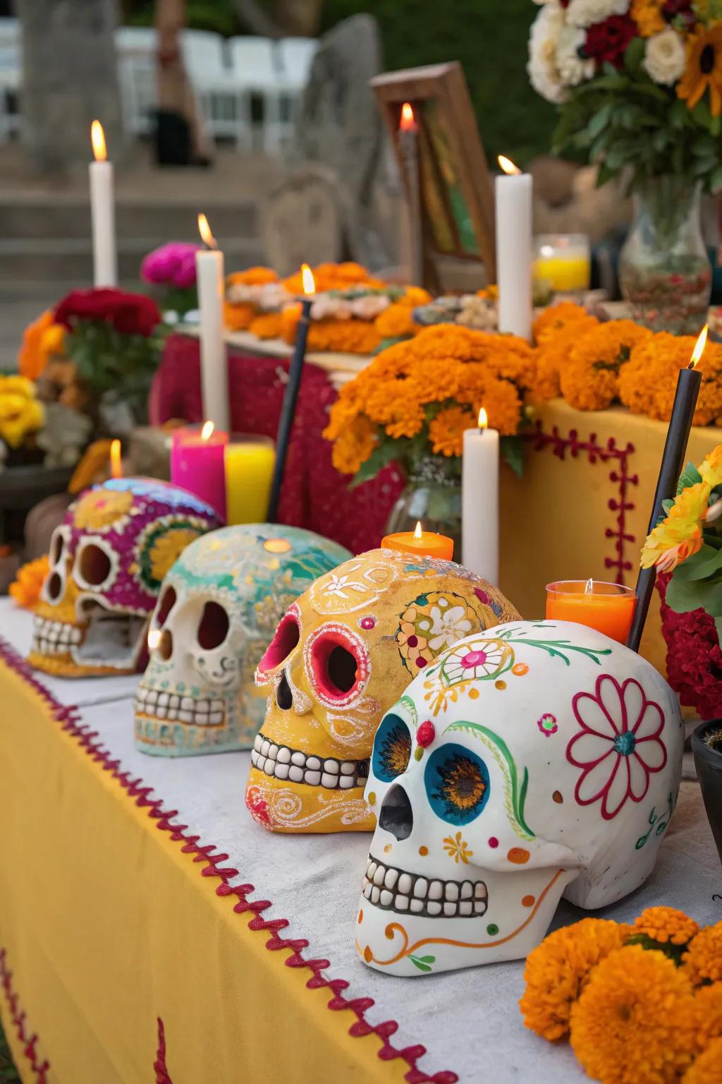 Decorative sugar skulls add a playful and traditional touch to your ofrenda.