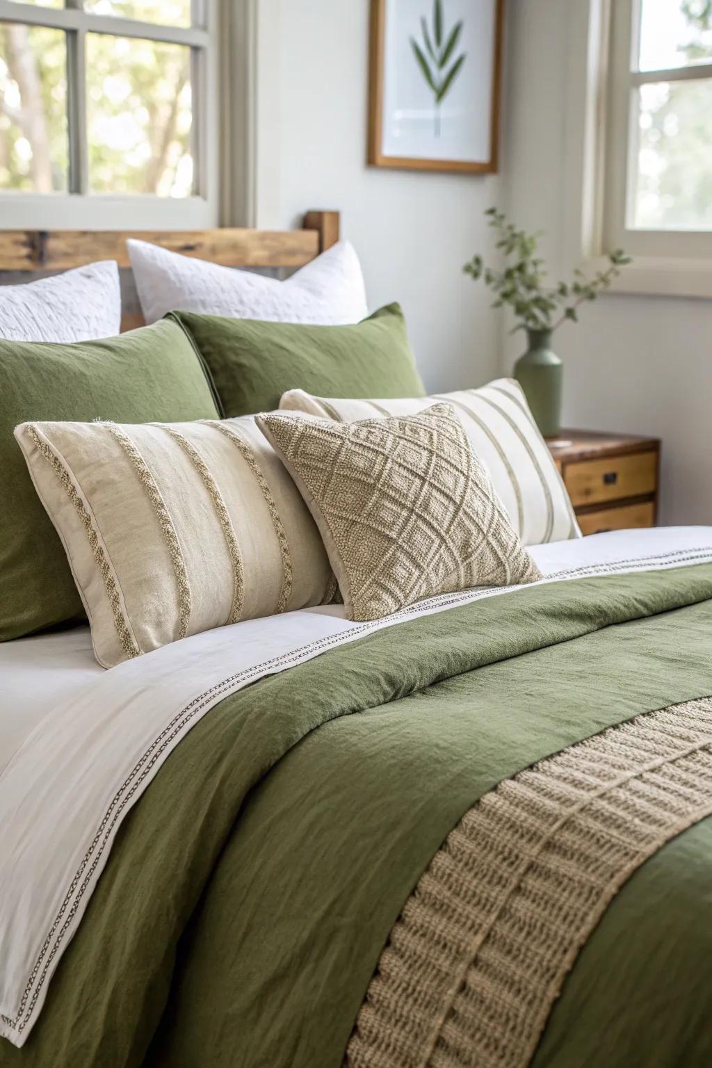 Contrasting pillows bring out the depth of olive green bedding.