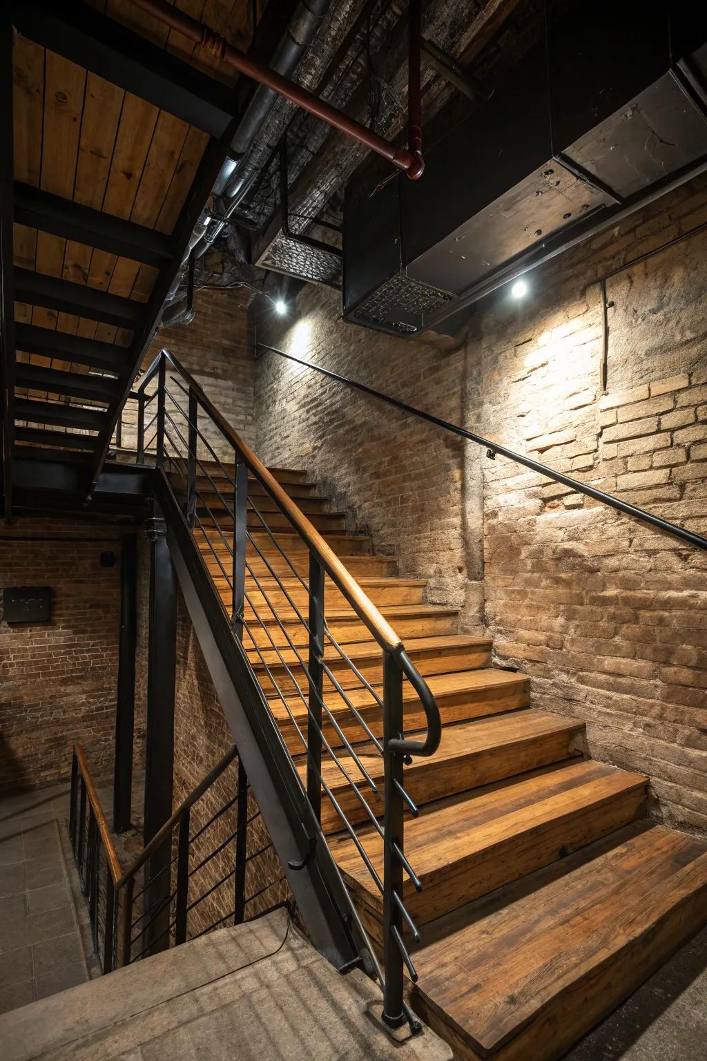 Timber steps paired with metal railings offer an industrial yet rustic appeal.