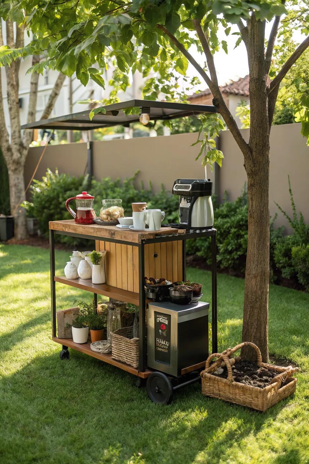 A versatile portable coffee cart ready to roll out anywhere in the garden.