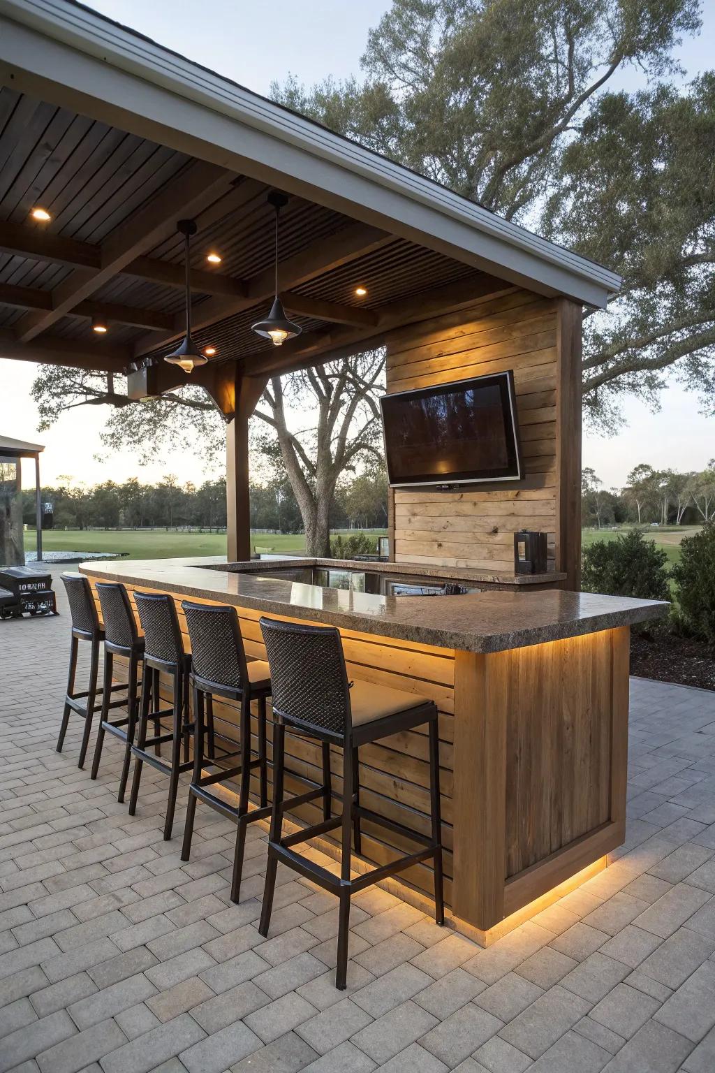 A bar island with a built-in TV creates a perfect social hub in your outdoor space.