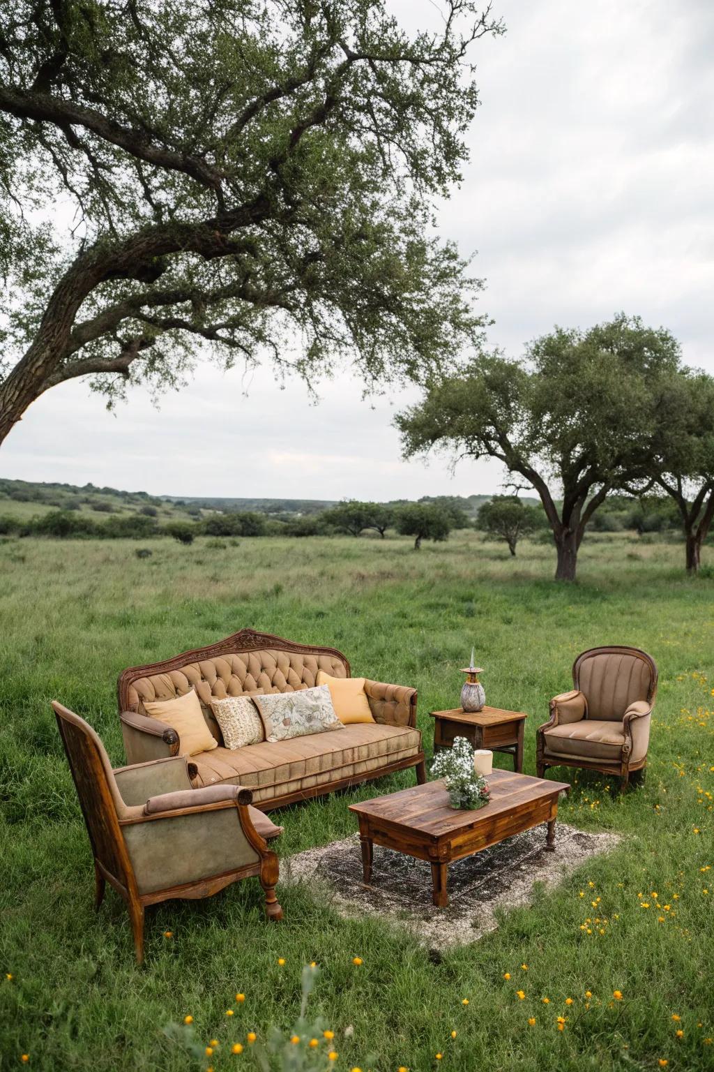 Vintage furniture set up as a lounge area in the pasture.