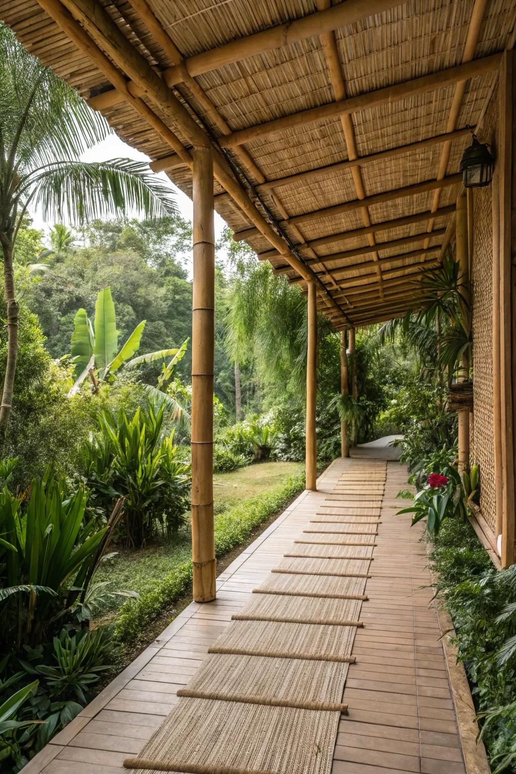 A bamboo and reed canopy brings a tropical vibe to your patio.