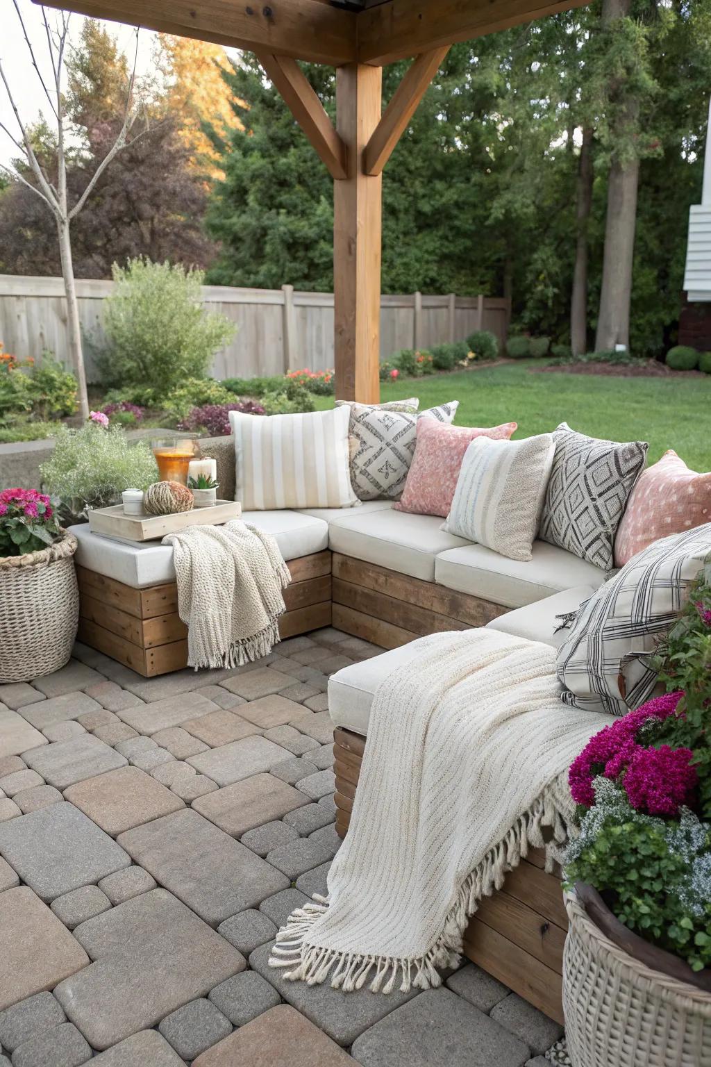 A cozy spot on a stone-paved patio, enhanced with plush cushions and throws creating a relaxing retreat.