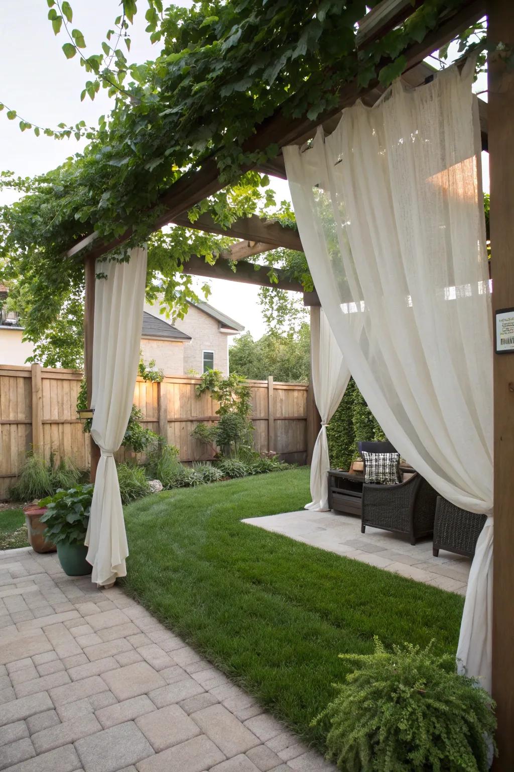 Flowing curtains add privacy and style to this backyard pergola.