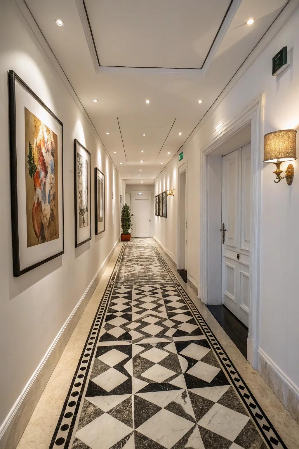 Geometric patterns turn this hallway into a visual masterpiece.