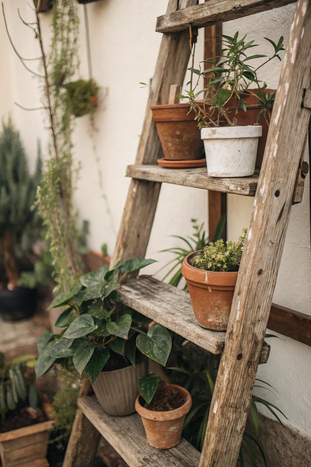 Rustic charm with a ladder plant shelf.