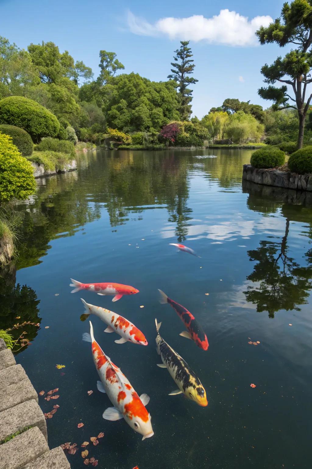 Vibrant koi fish adding life to a tranquil pond.