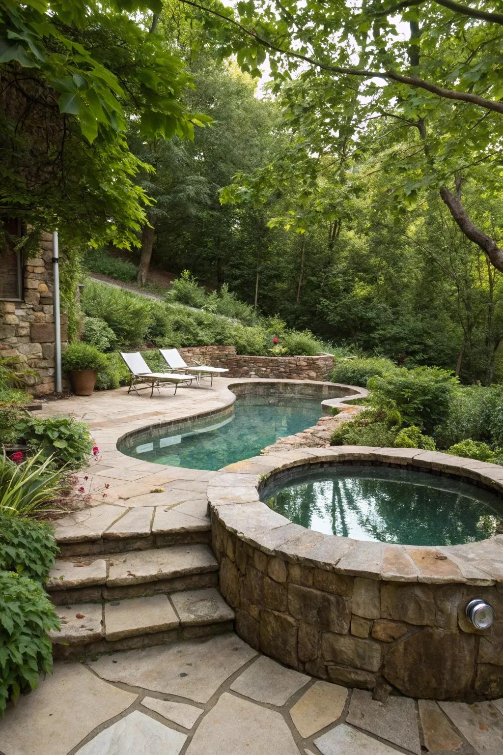 Natural stone creates an earthy, organic atmosphere around your pool and jacuzzi.