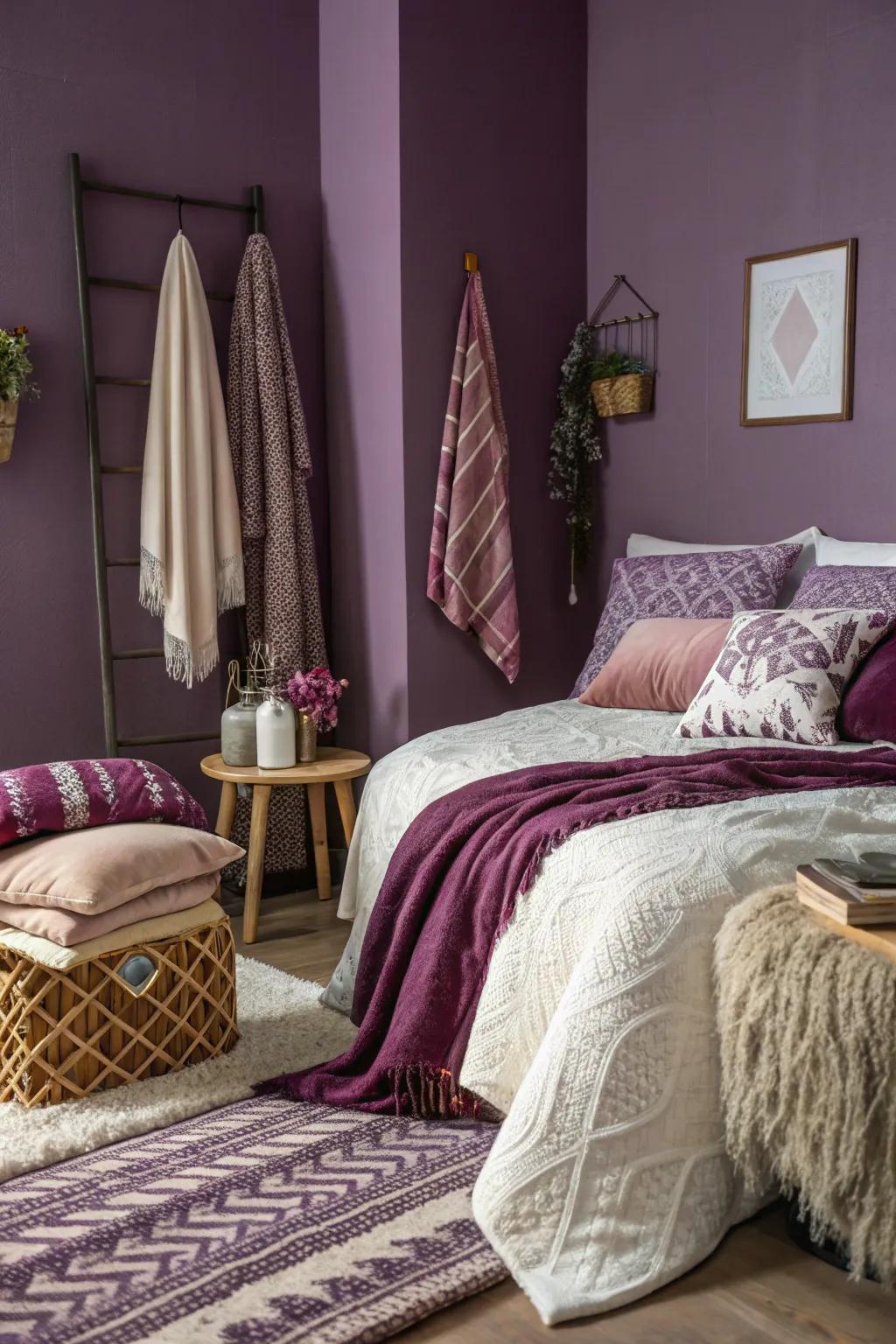 Textured textiles adding depth to a purple-themed bedroom.