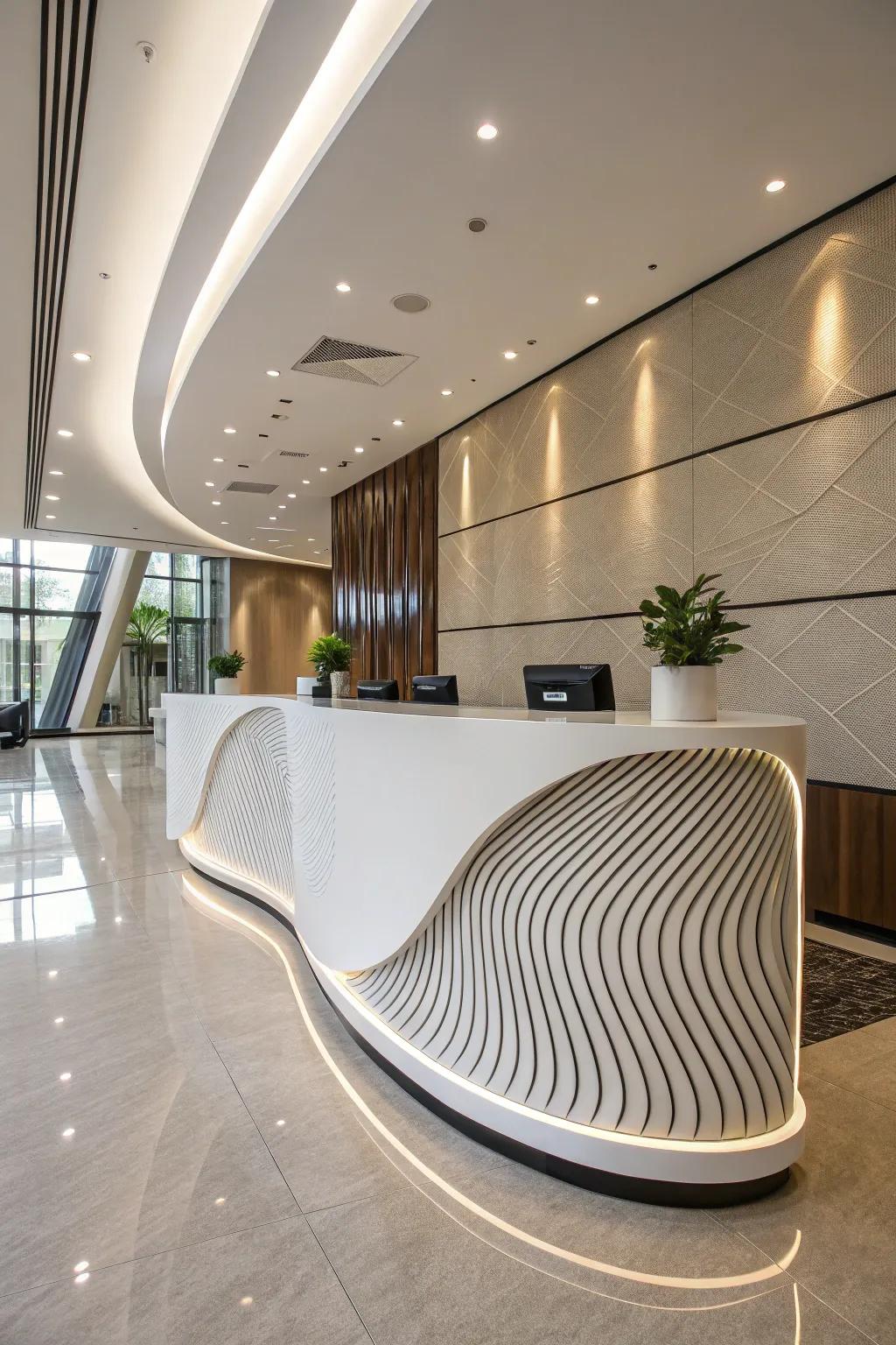A striking reception desk featuring elegant curves.