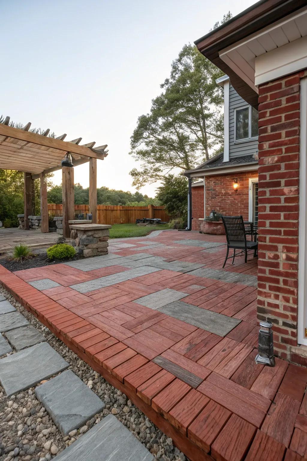 A red brick patio with mixed material accents