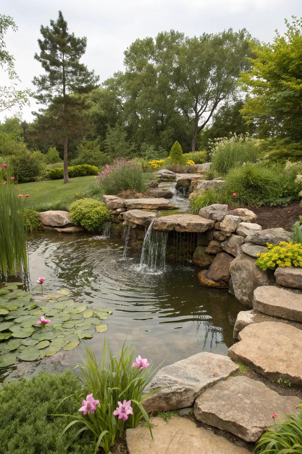 A rock water feature adds serenity and movement to the garden.