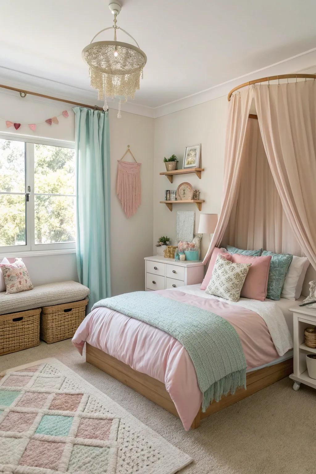 Neutral and pastel colors set a peaceful mood.