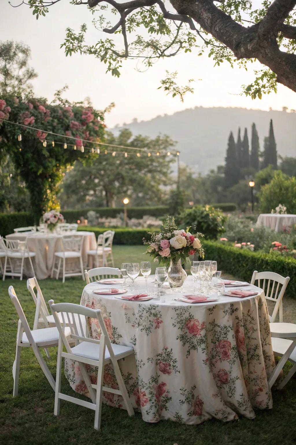 Flower-patterned cloth adding a touch of whimsy to a garden nuptial.