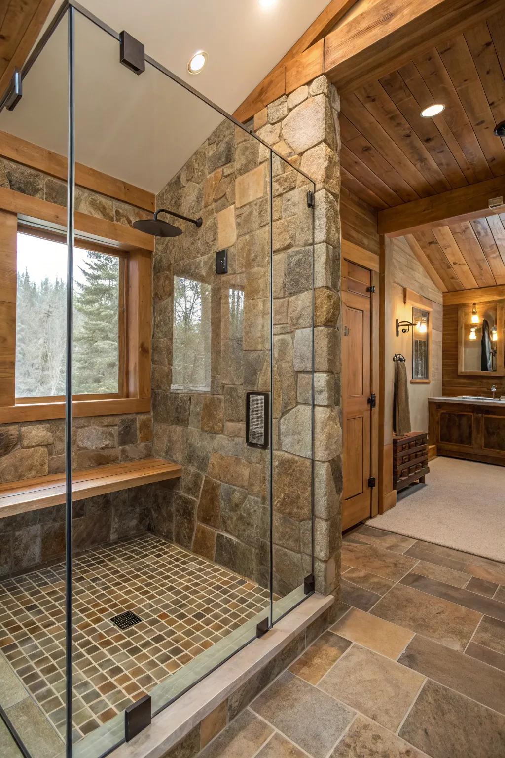 Glass enclosures highlight your shower's rustic charm.