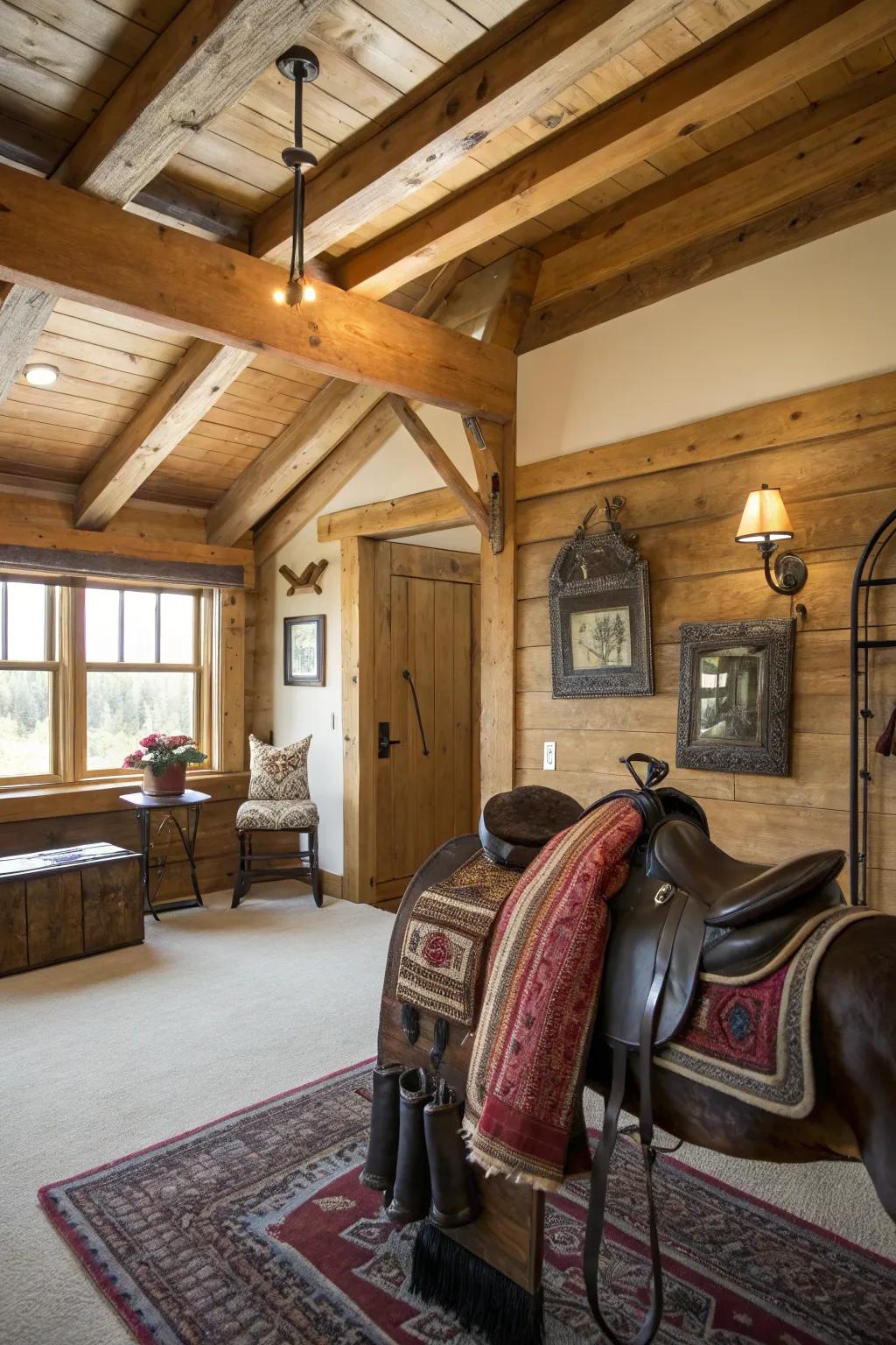 This Western-themed area flawlessly blends country elements with riding seat decor.
