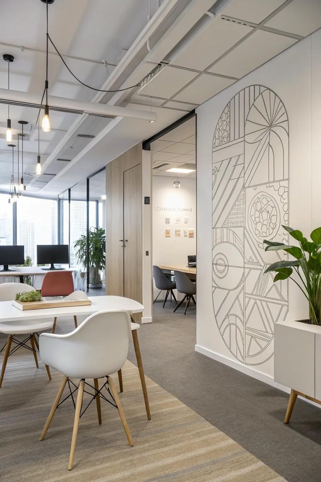 An office space featuring conceptual linear graphics on the wall with minimalist decor