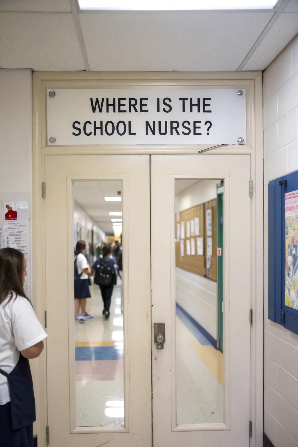 A practical 'Where is the School Nurse?' sign on the office door.