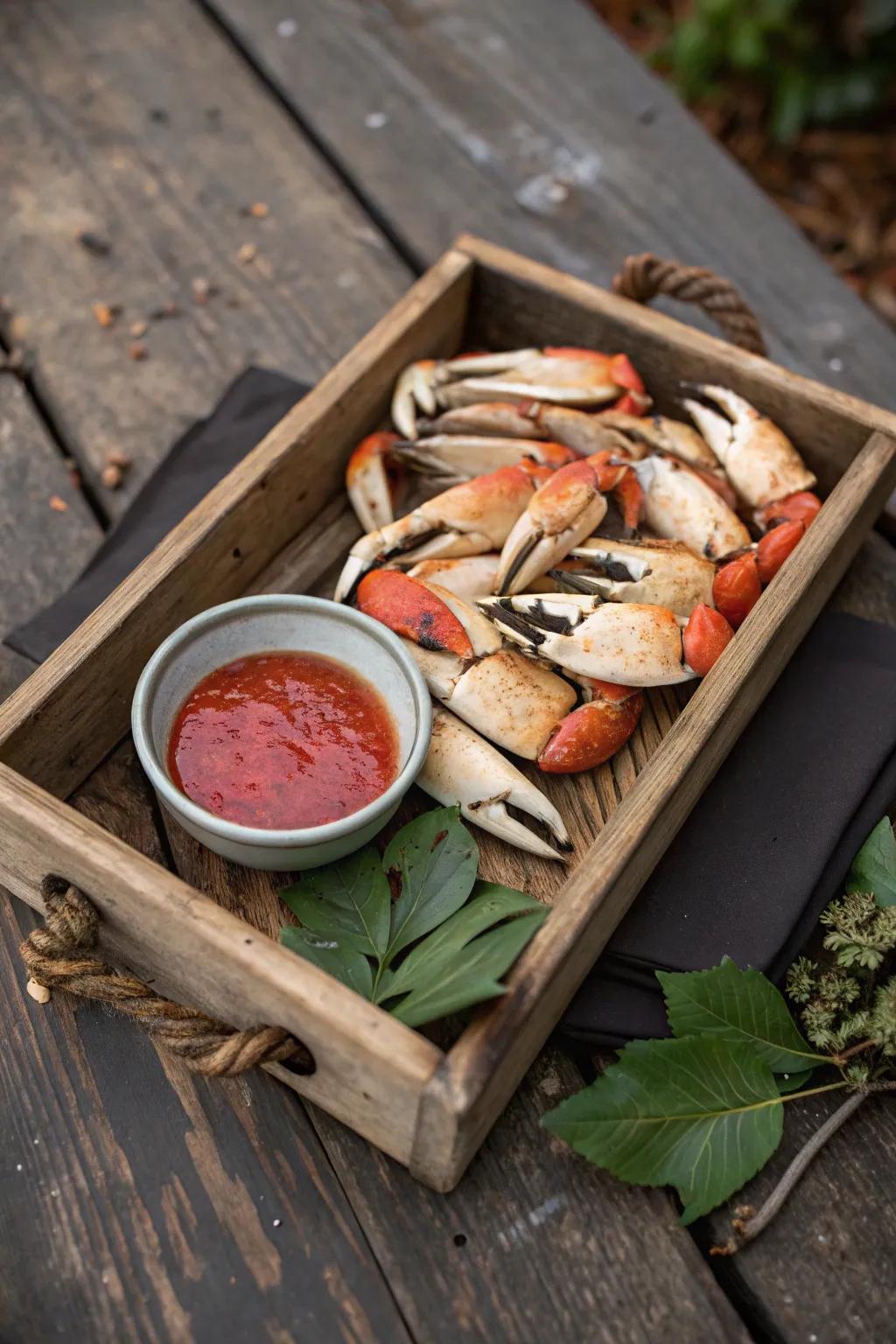 Crab claws served with cocktail sauce, perfect for a picnic appetizer.