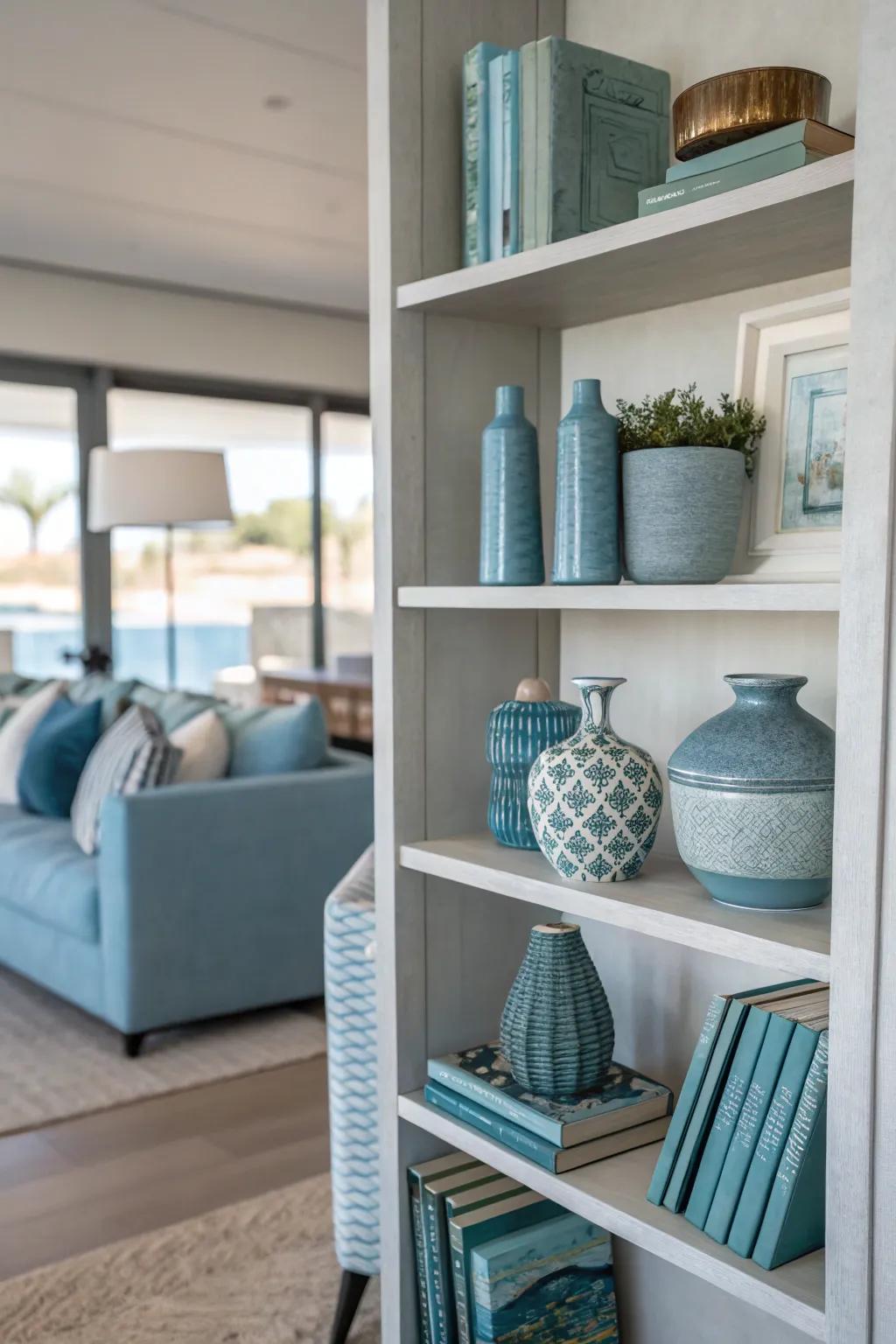 A cohesive color palette of blues and grays for a serene shelf display.