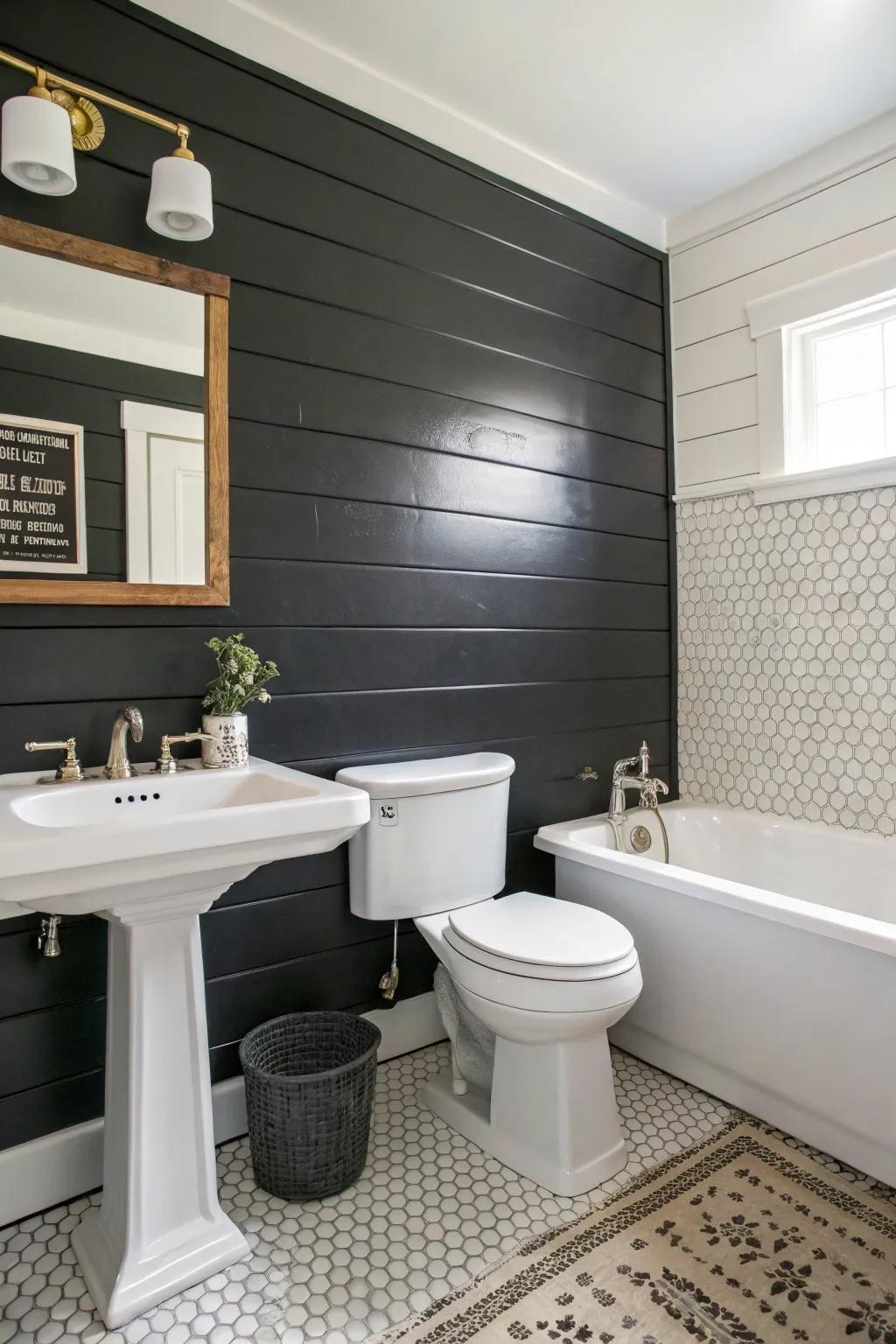 A bathroom featuring a black board and batten accent wall for a striking aesthetic.