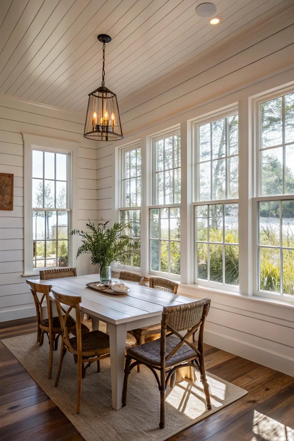 A bright dining room with ample natural light and shiplap walls.