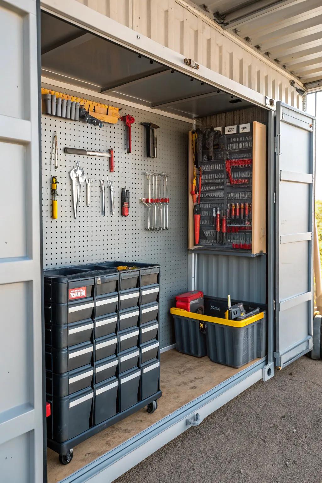 Organized tool storage with pegboards and bins.