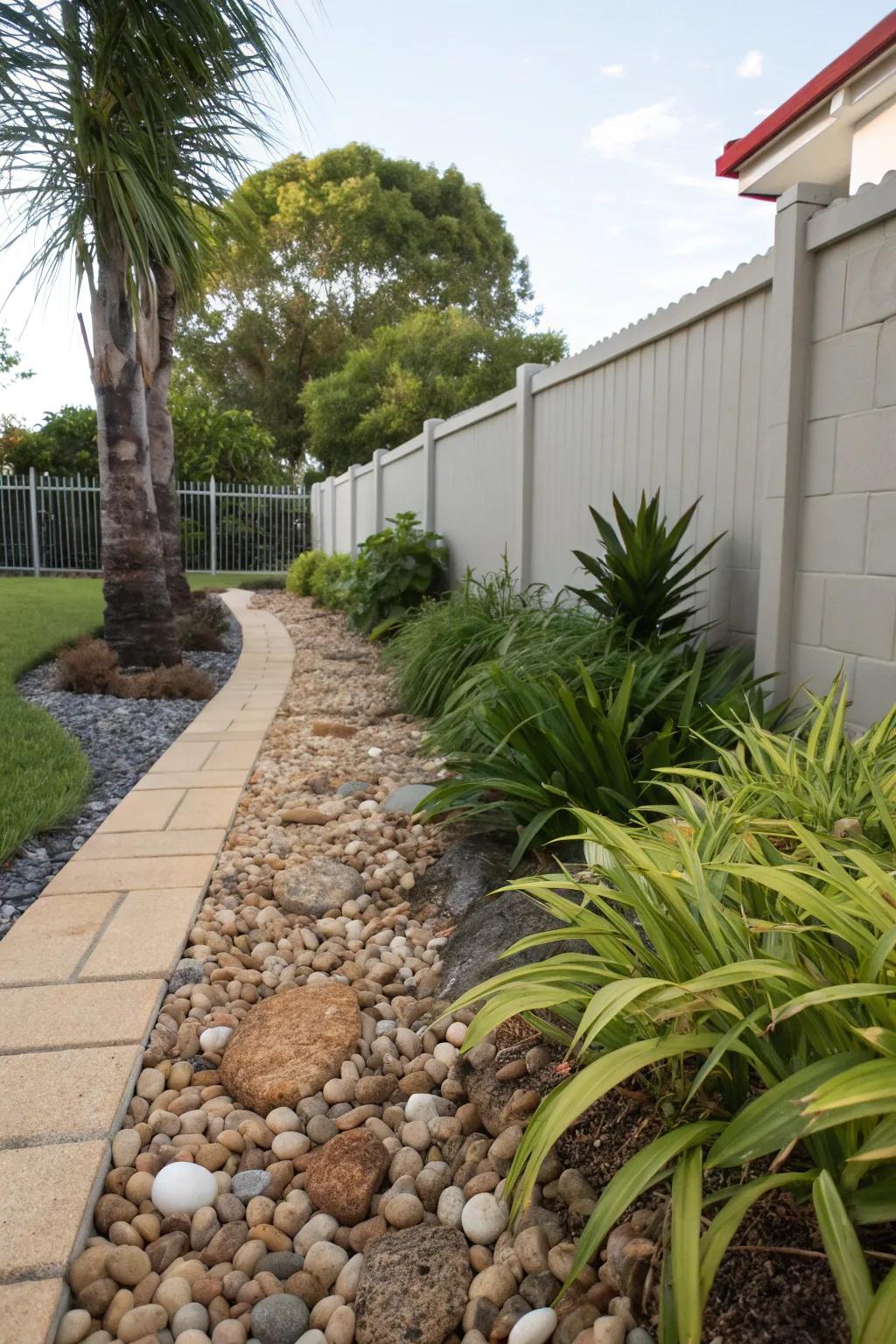 Pebbles provide a sleek and tidy alternative to grass in your side yard.