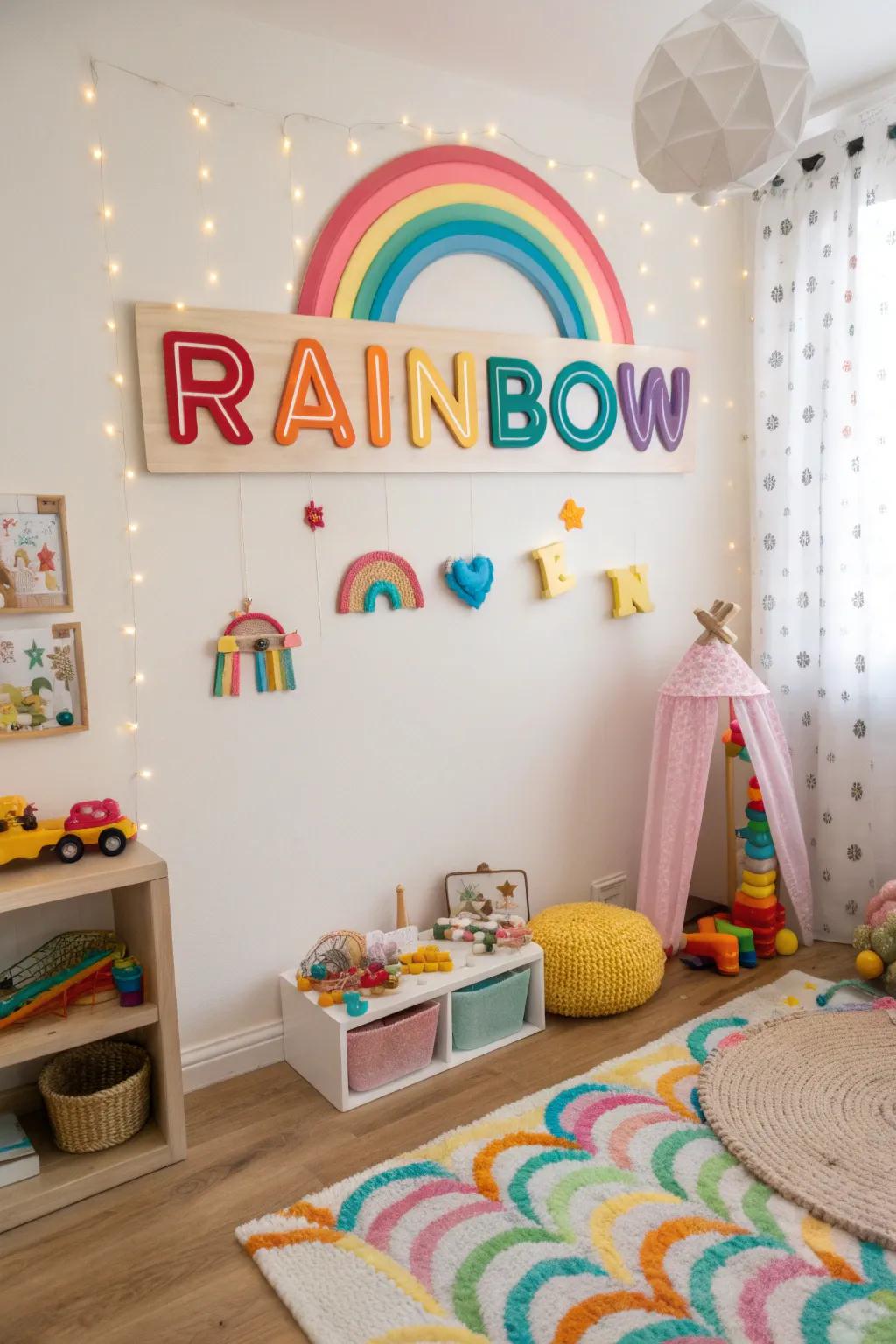 A children's playroom with a whimsical rainbow sign on the wall.