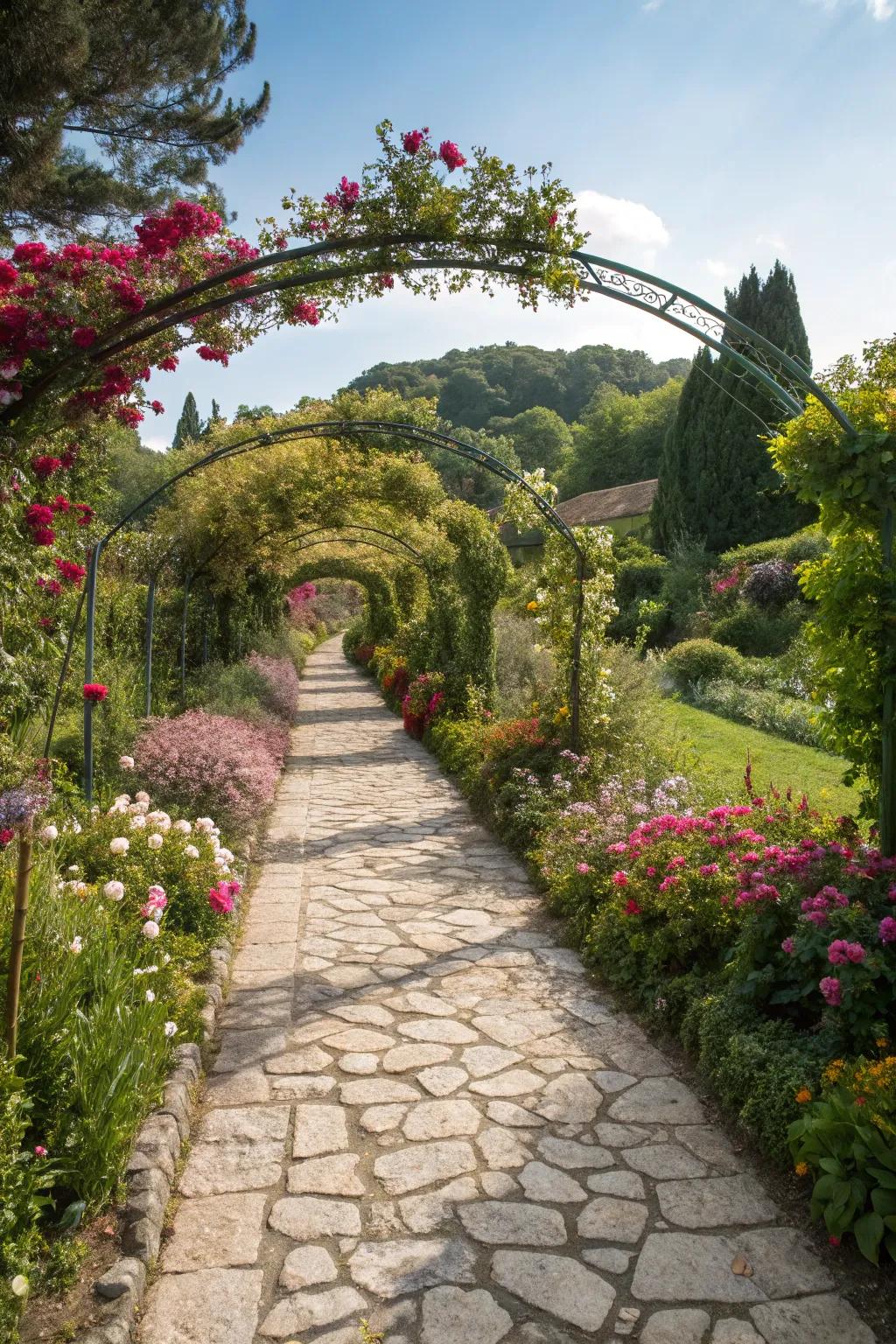 A stone pathway inviting exploration through a flower-filled garden.