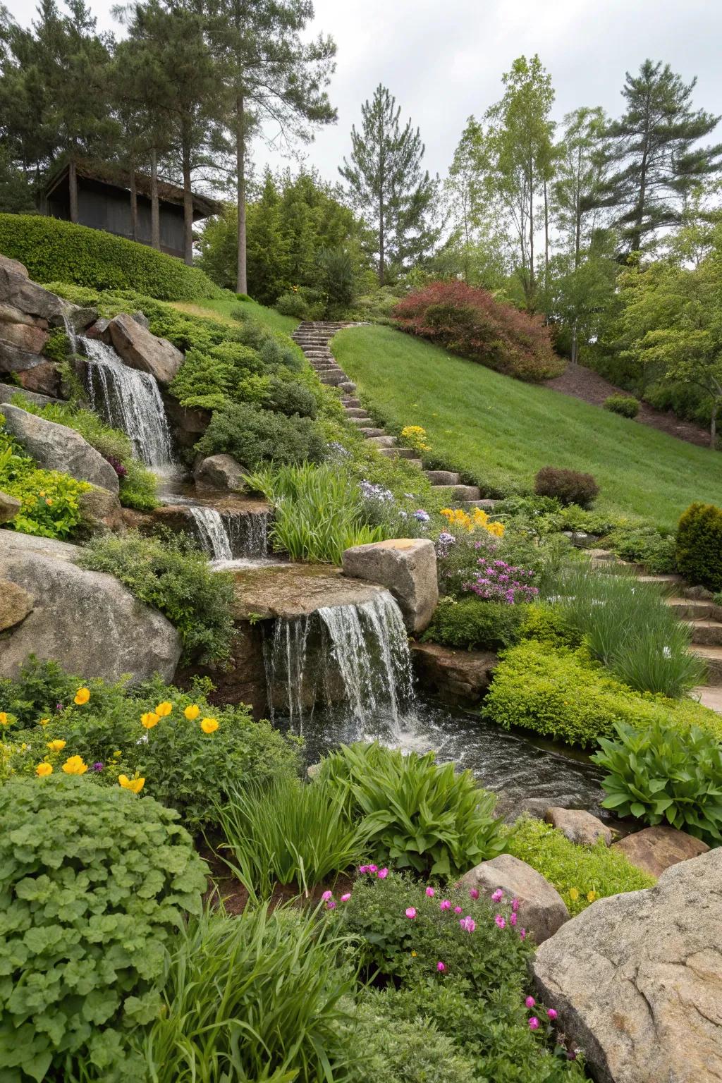 A tranquil waterfall elegantly complements this sloped garden.