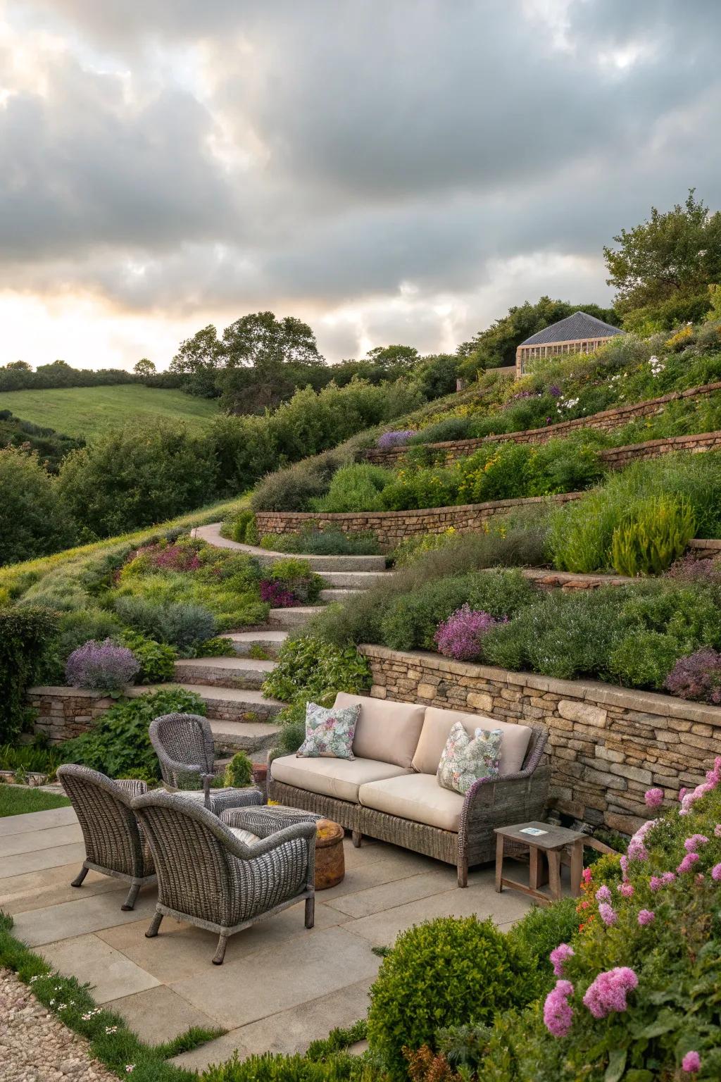 Cozy seating nooks invite relaxation in your sloped garden.