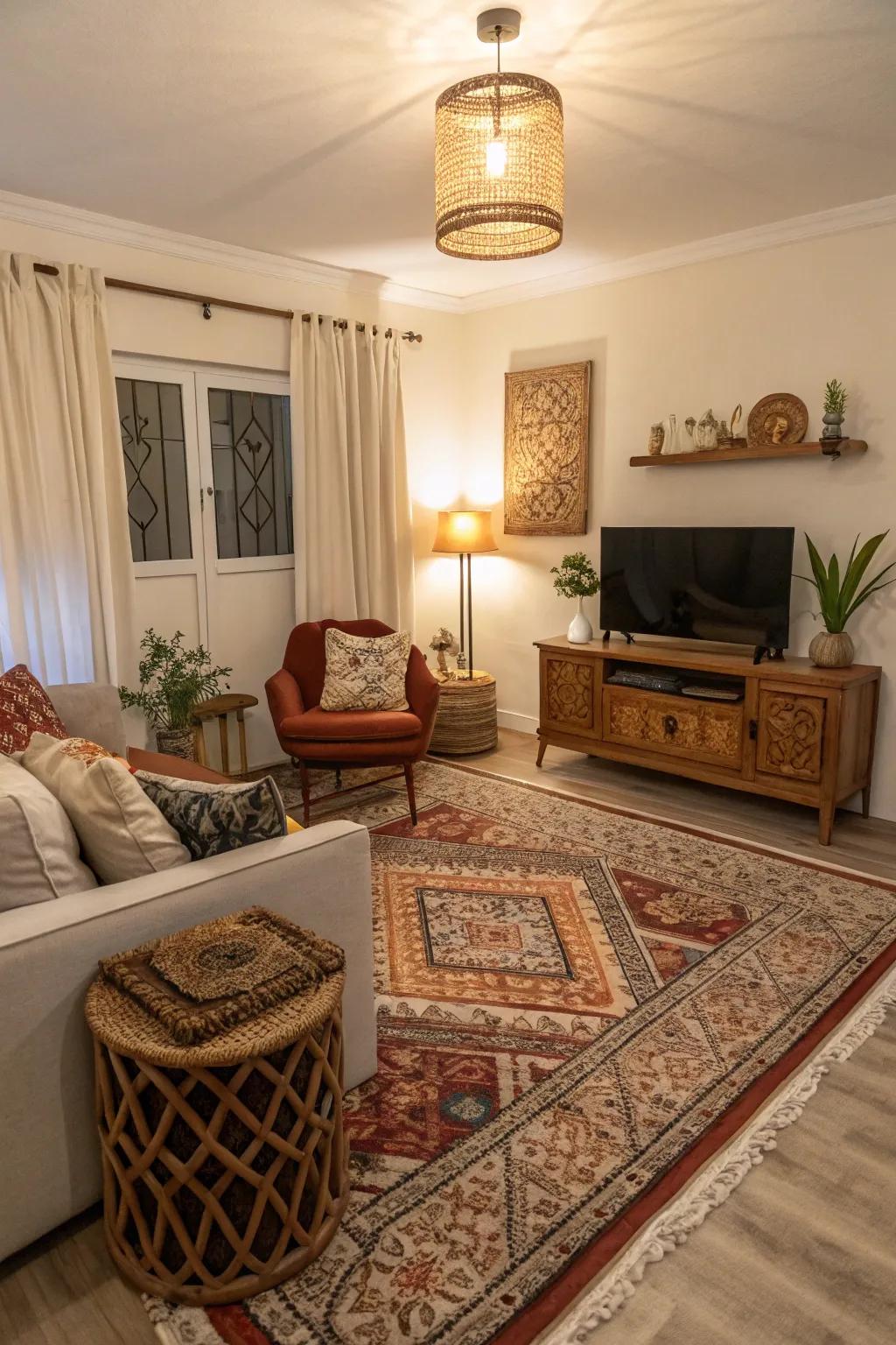 Rugs add warmth and separate zones.