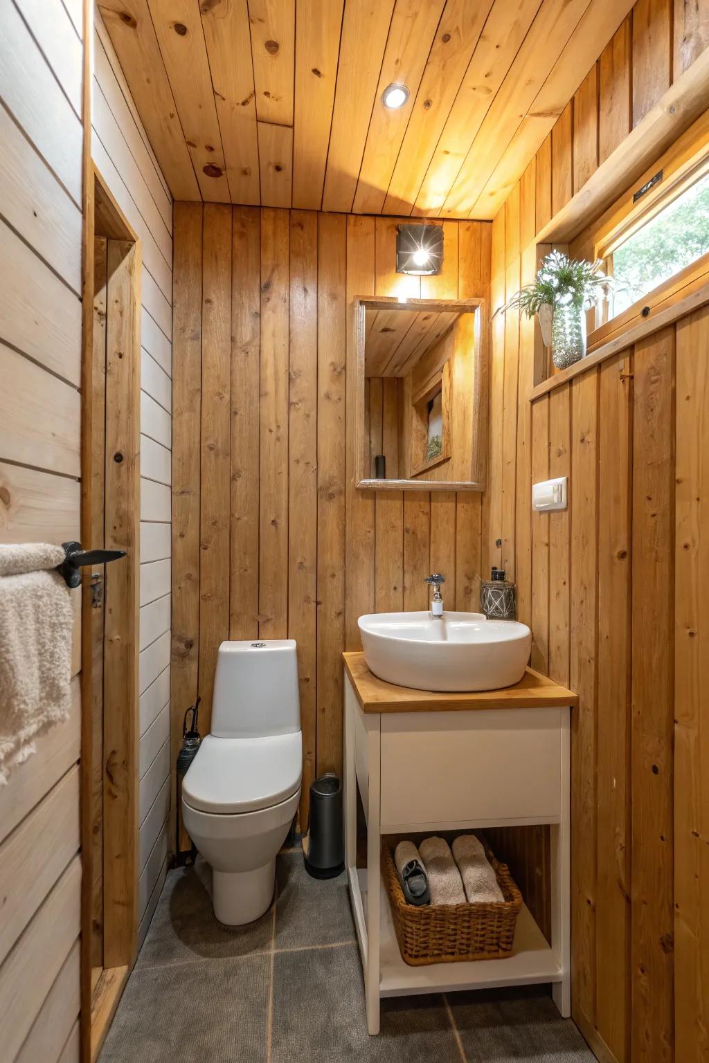 Wood panels add warmth and a natural touch to bathrooms.