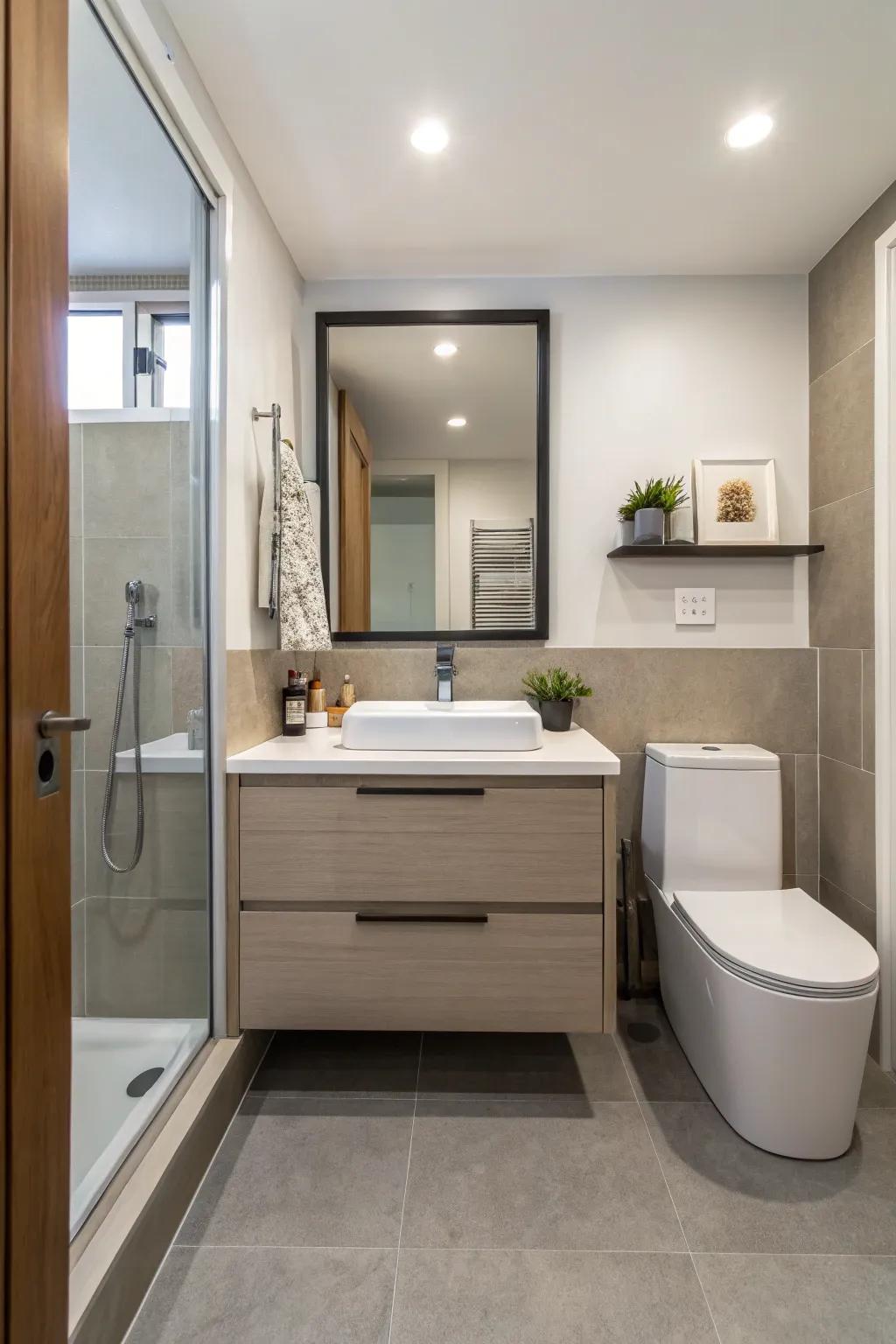 A floating vanity that maximizes floor space and enhances the room's openness.