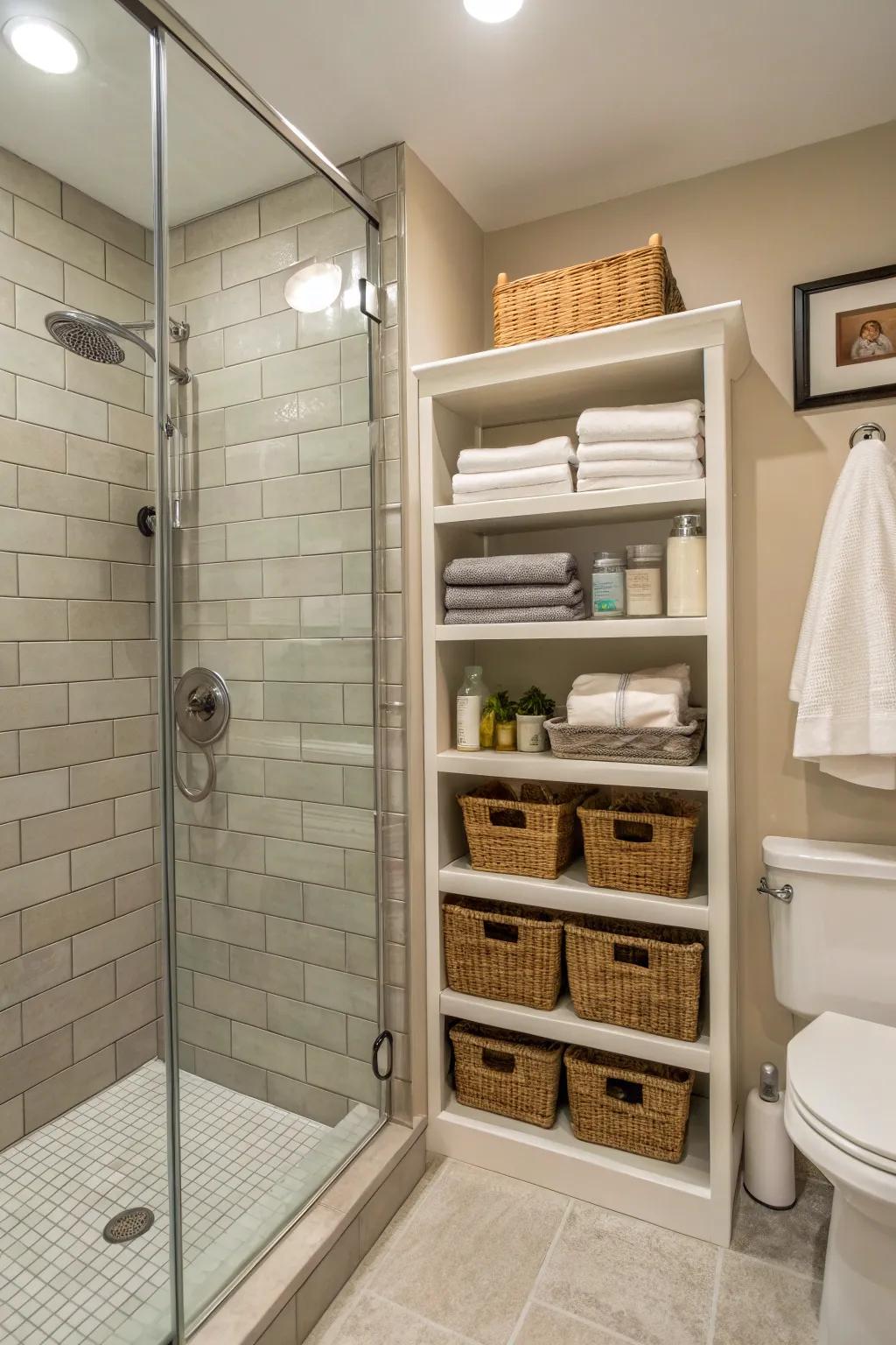 Built-in shelves offer practical storage solutions in small showers.