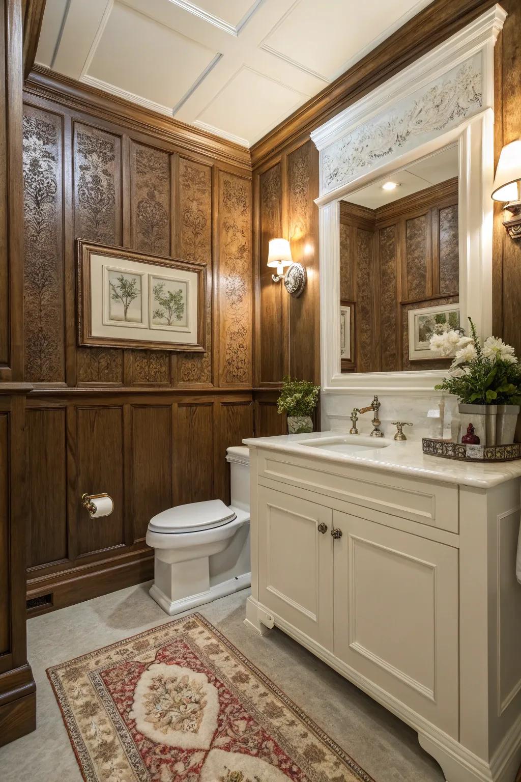 Dado paneling in a compact bathroom, proffering ageless elegance and vogue.