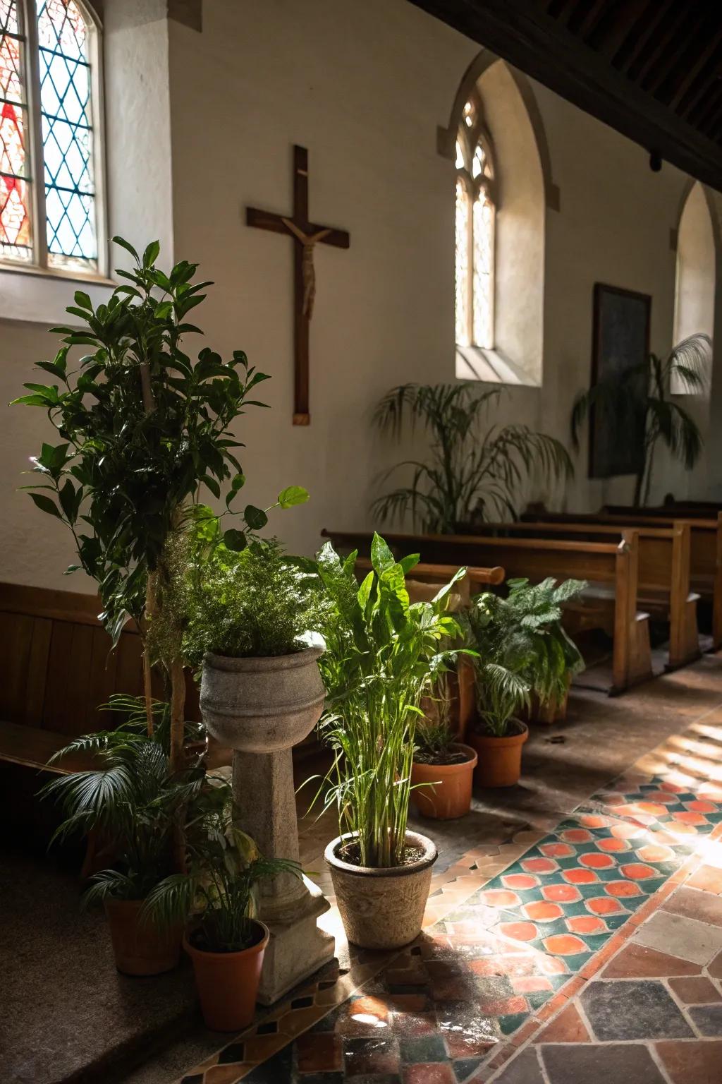 Lush verdure adding a revitalizing hint to a church's entrance.