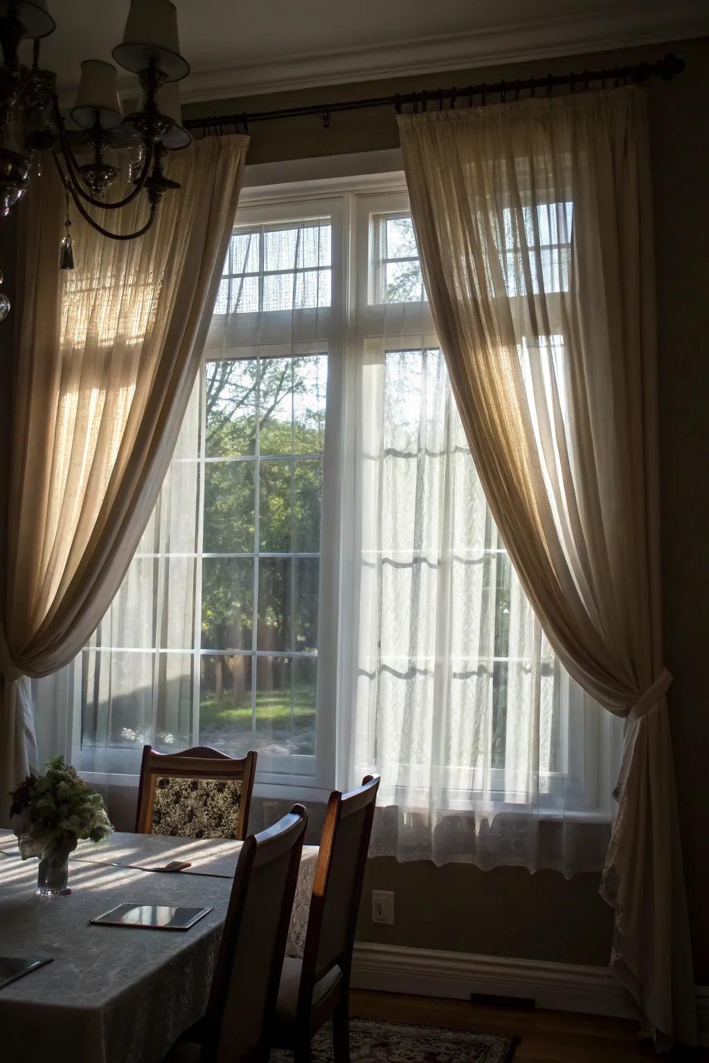 Layered curtains offer depth and flexibility in light control.