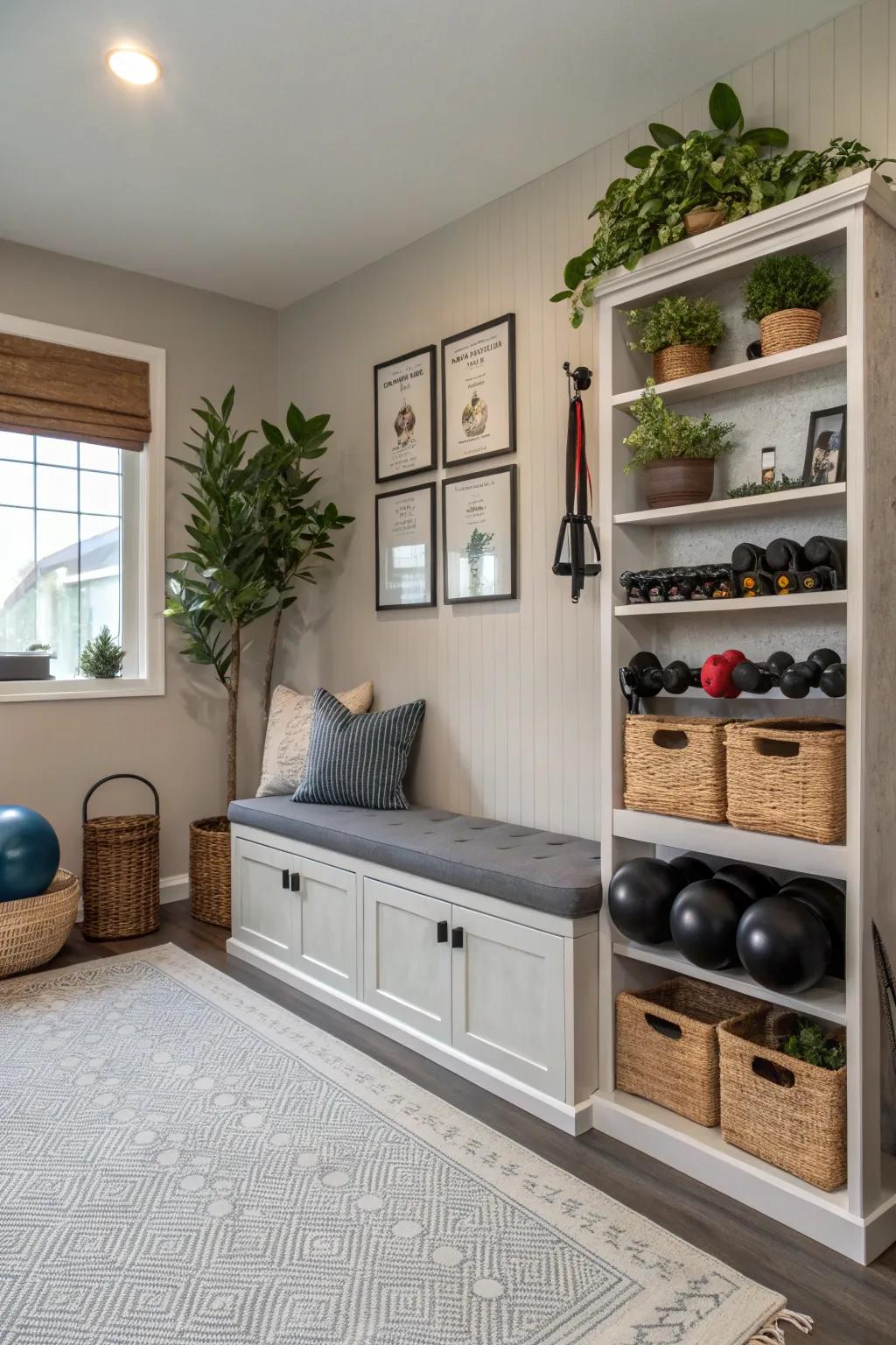 Multi-functional furniture optimizes space in your home gym.