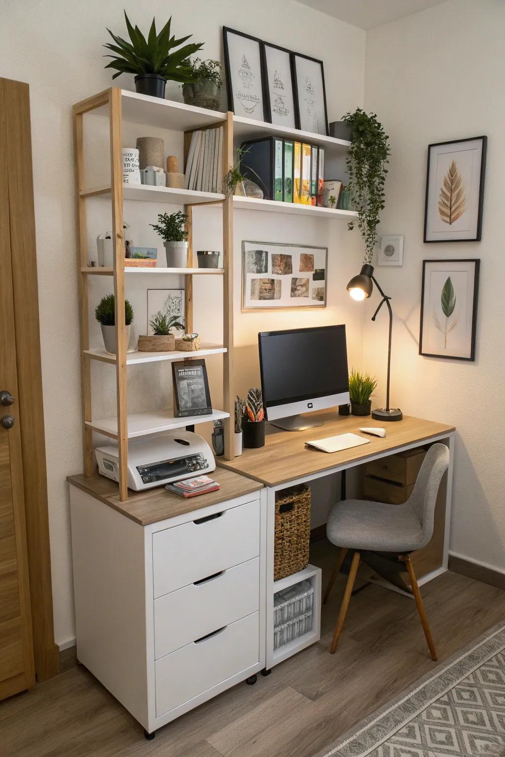 A multifunctional desk that combines workspace and storage.