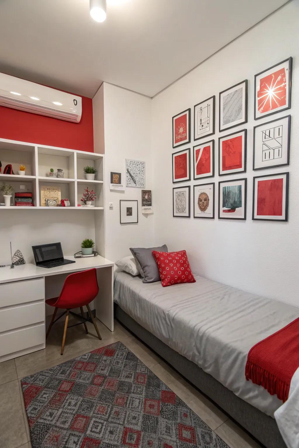 A small bedroom showcasing art pieces in red and grey, adding personality and depth.