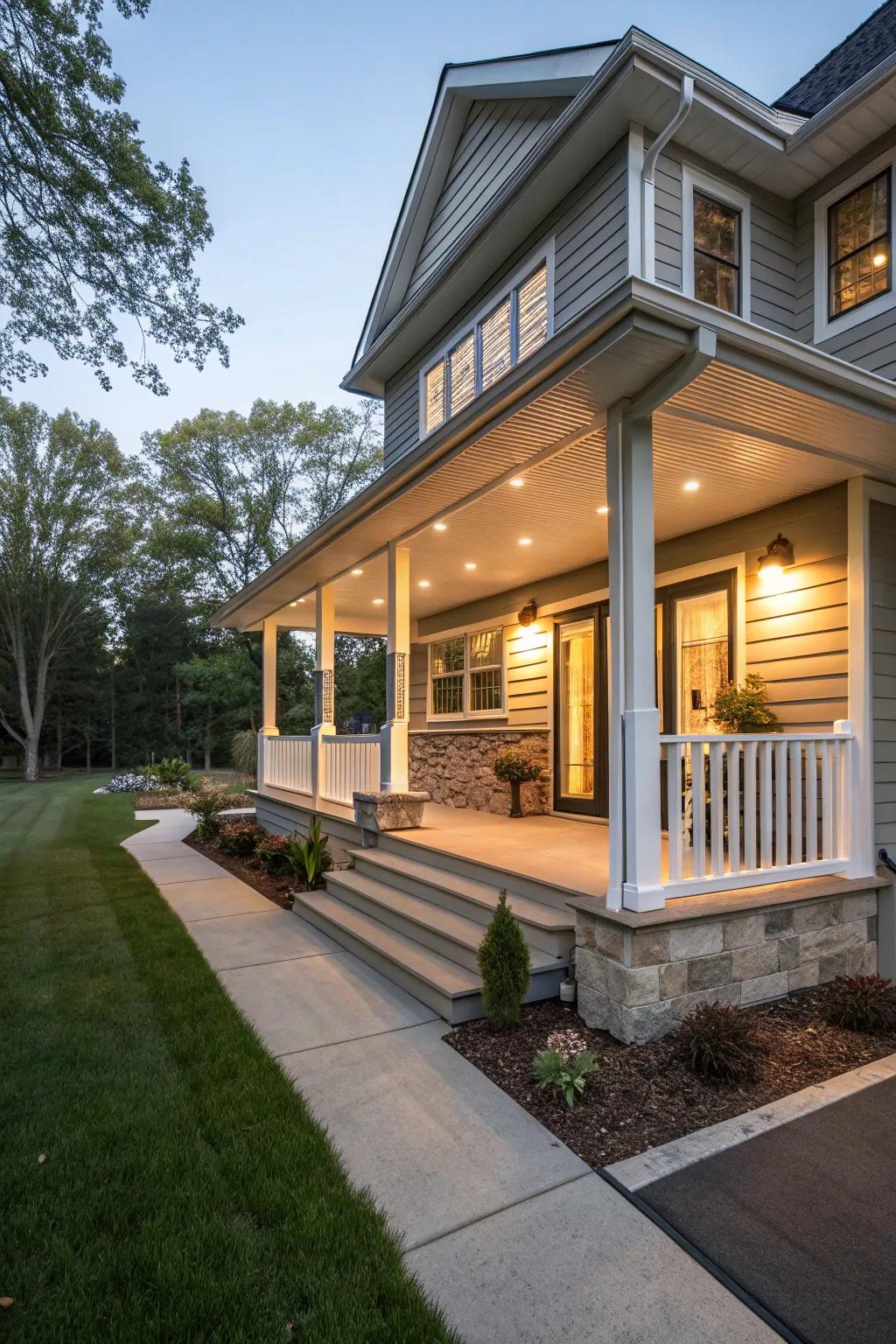 A porch overhang adds functionality and style.