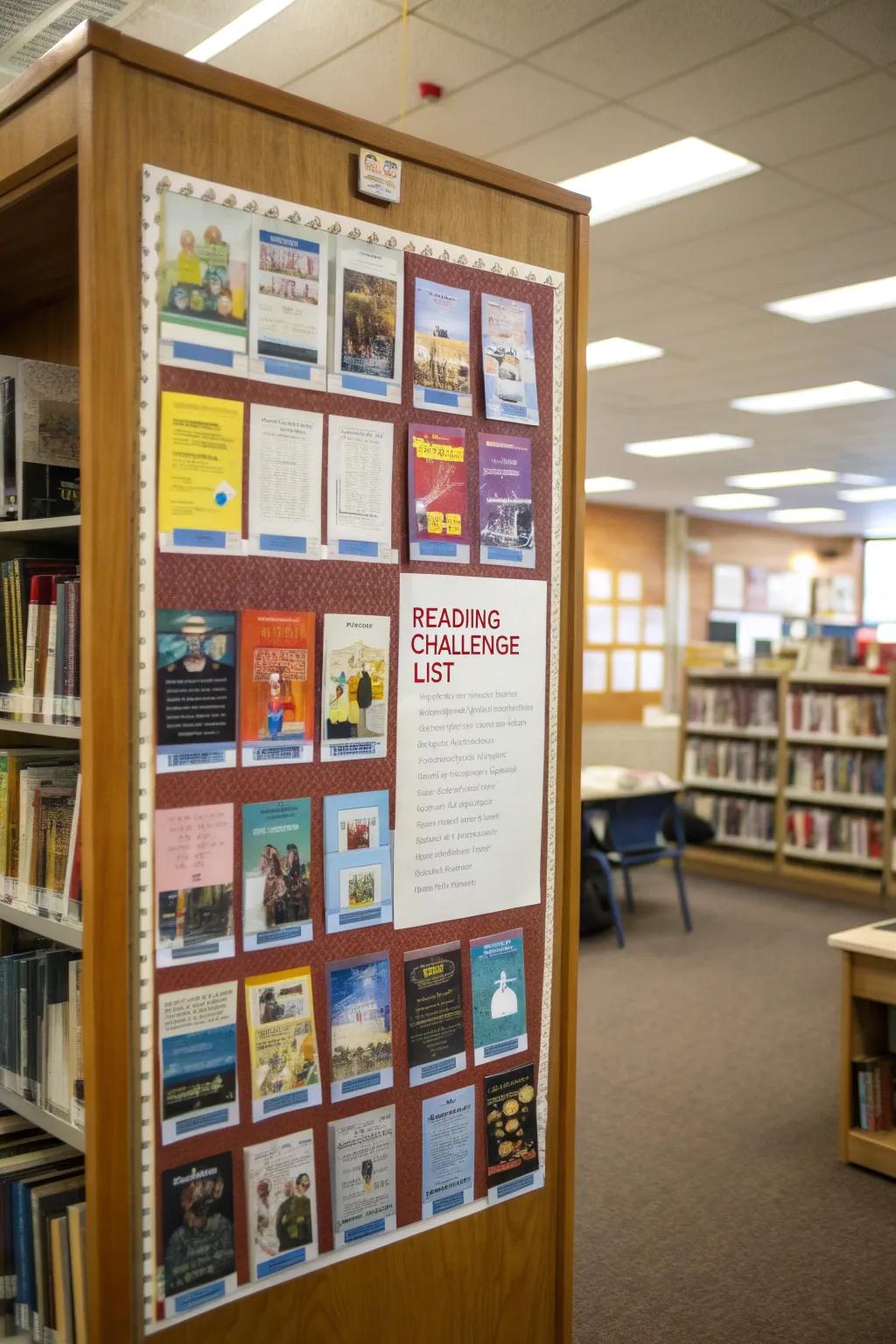 A bulletin board promoting spring-themed book recommendations and reading challenges.