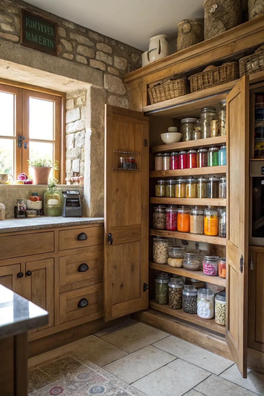 Open pantry with neatly arranged jars and containers.